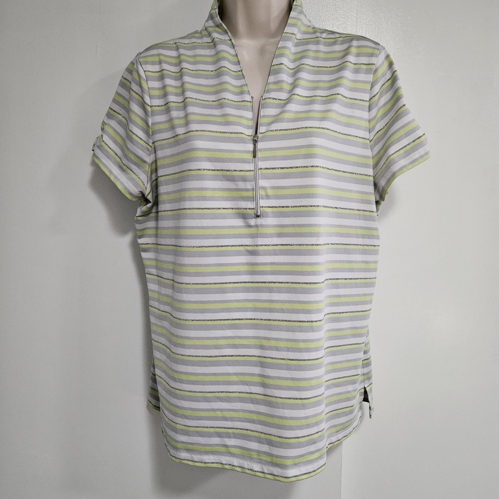 Chicos 2 (L) Zenergy Golf Shirt Green White Stripe 1/4 Zip Performance Knit